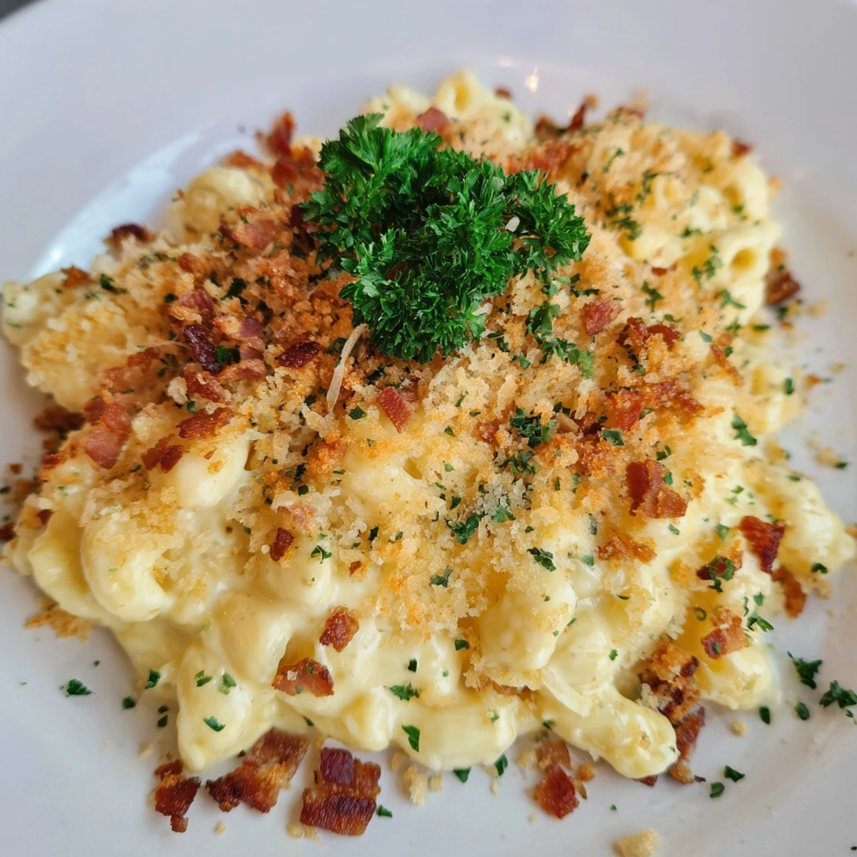 A close-up of Tini's Mac and Cheese, with golden bubbly cheese and a crispy bacon topping.