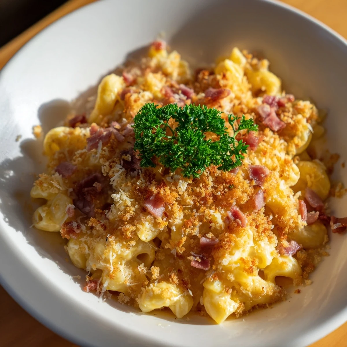Creamy Tini's Mac and Cheese with a delightful bacon crunch, ready to be served hot.