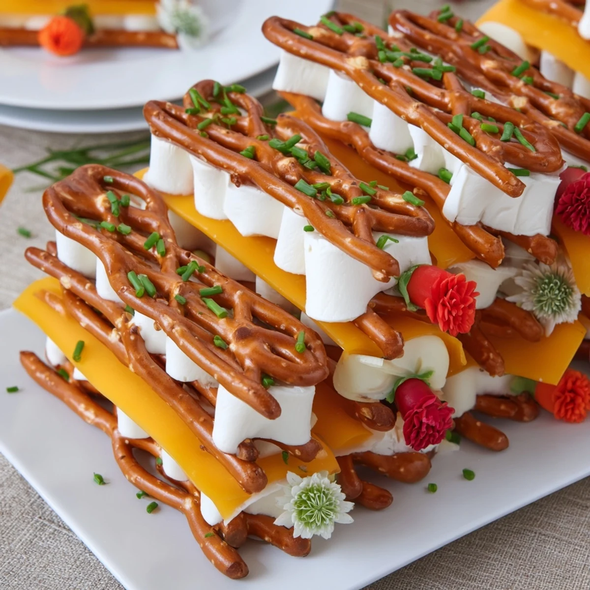 Delicious Rustic Log Cabin appetizer, featuring layered pretzel logs with creamy cheese slices ready to serve.