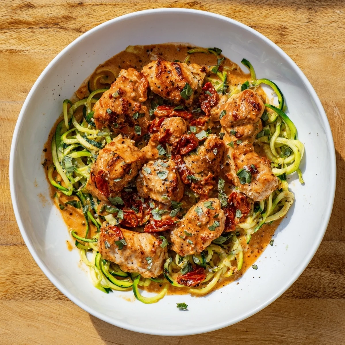 Marry Me Chicken Zoodles: Chicken breasts smothered in creamy, sun-dried tomato sauce with fresh zucchini noodles.