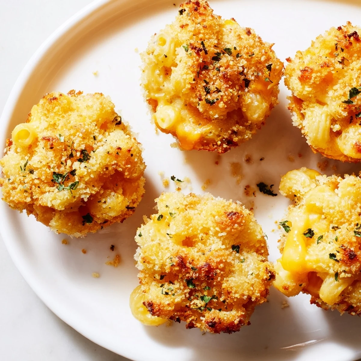 Golden-brown Tinis Mac and Cheese muffins offer a delightful textural contrast with a bubbly crust.