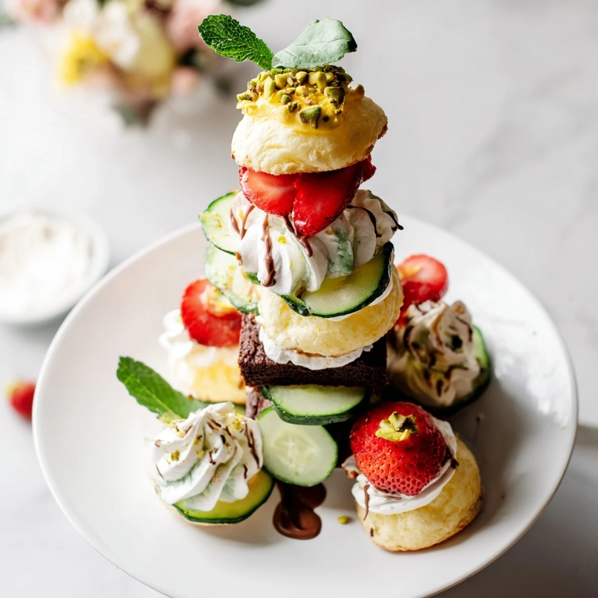 Beautifully stacked Tour dÉléphant Goûter Gourmand: a sweet and savory French-inspired snack tower.