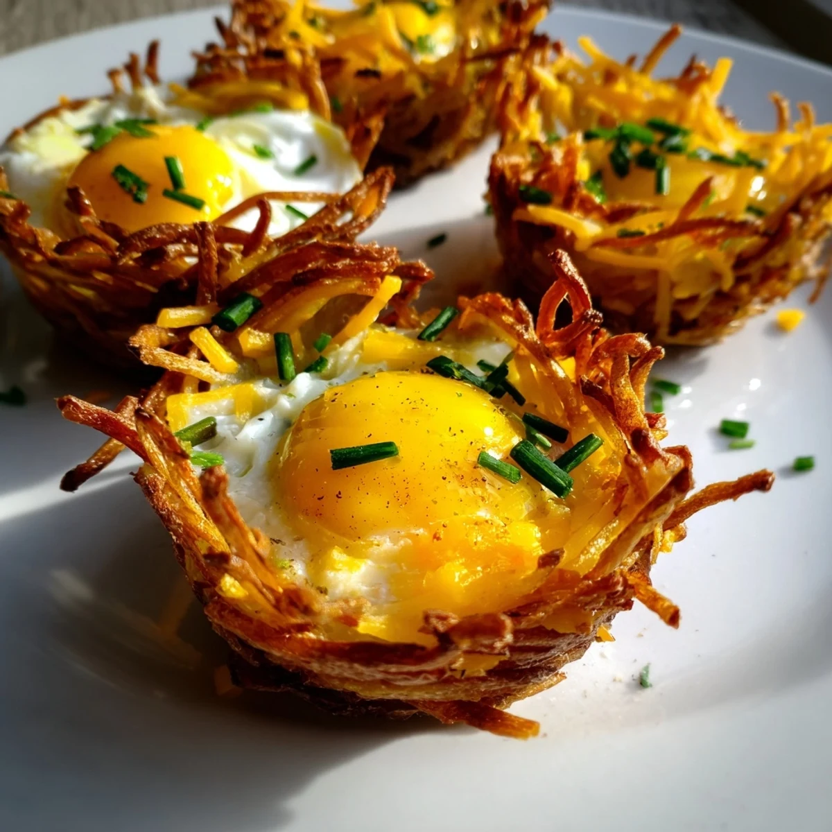 Golden brown Crispy Hashbrown Egg Nests, perfect breakfast potato cups, loaded with cheese and fluffy eggs.