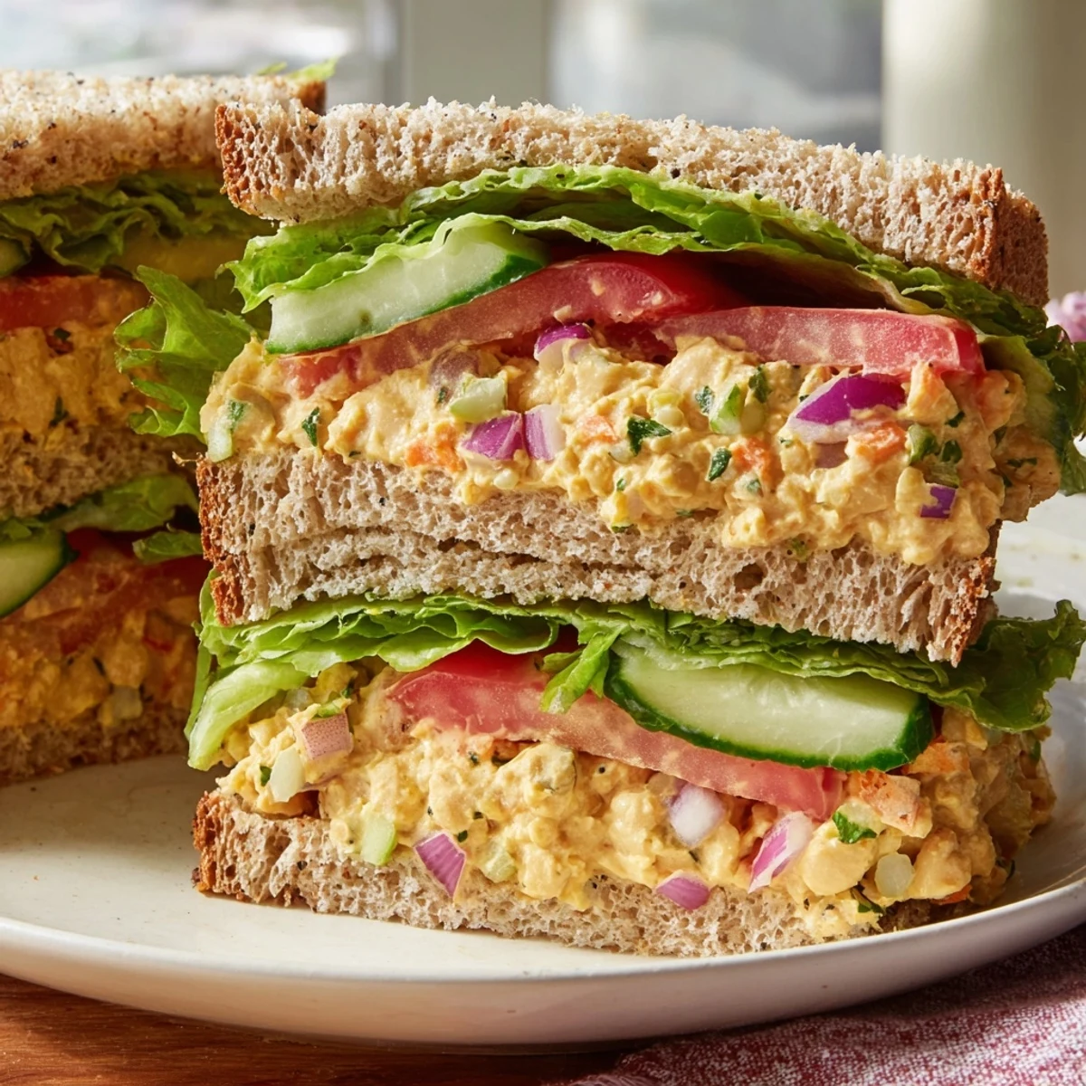 Golden-brown whole-grain Easy Chickpea Salad Sandwiches cut in half, ready to enjoy.
