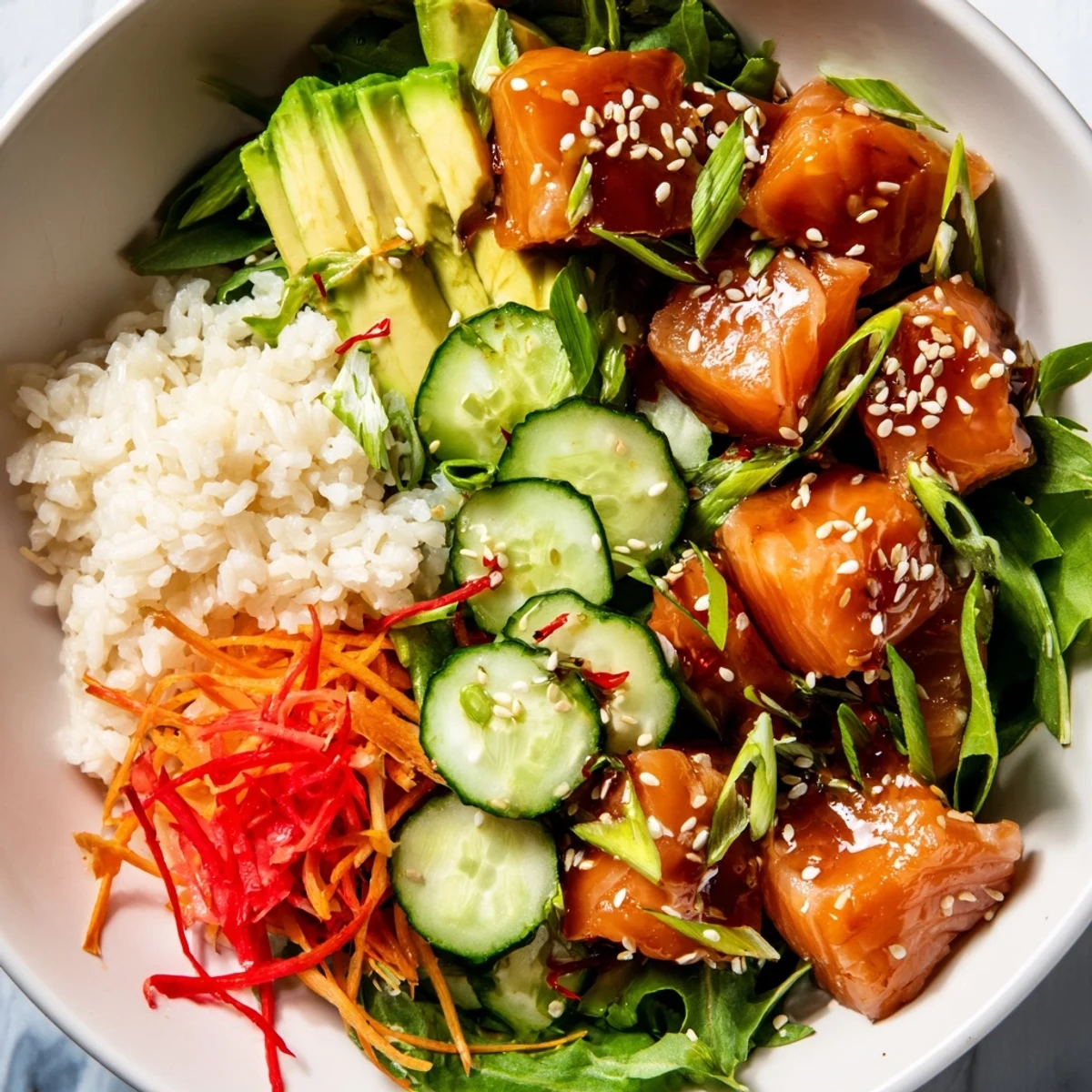 Fresh, colorful Poke Bowl Salad topped with sesame seeds and scallions, ready to eat.