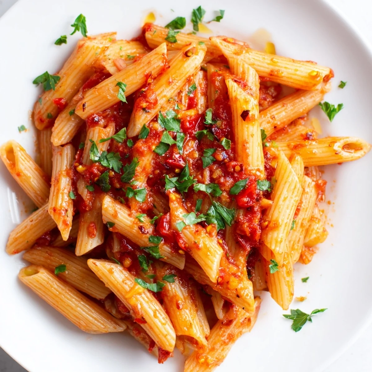 Steaming bowl of penne all'arrabbiata, vibrant red sauce coating perfectly cooked pasta for dinner.