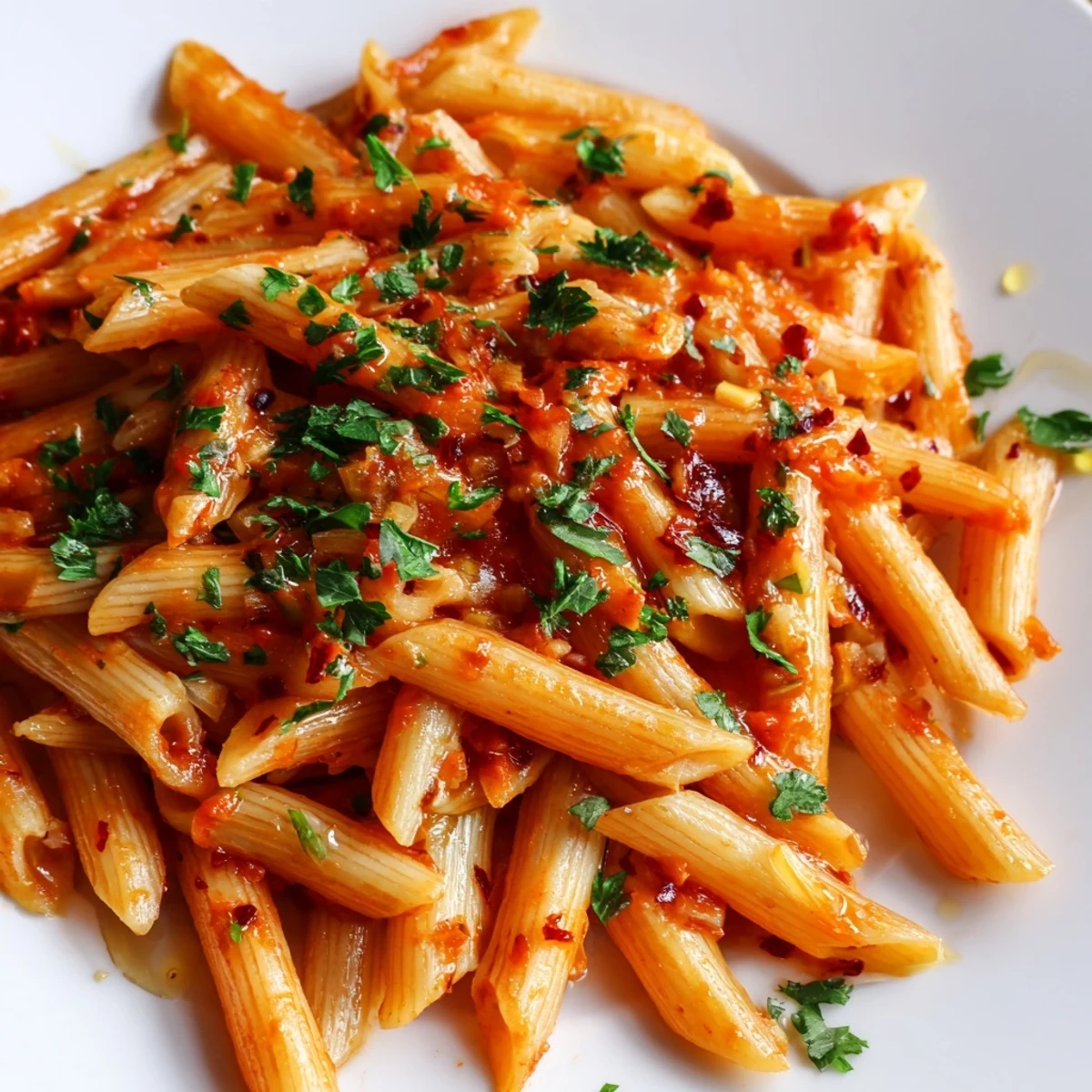 A plate of flavorful penne all'arrabbiata, showcasing a rich tomato sauce and chili flakes.