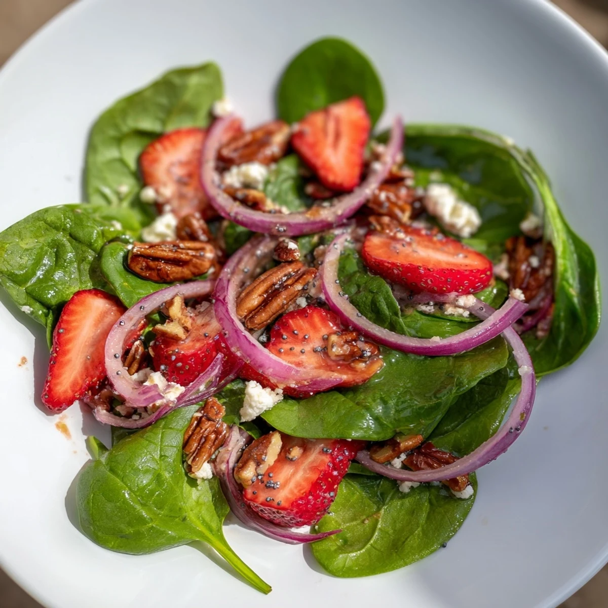 Fresh spinach strawberry salad bursting with color, topped with pecans, ready to enjoy.