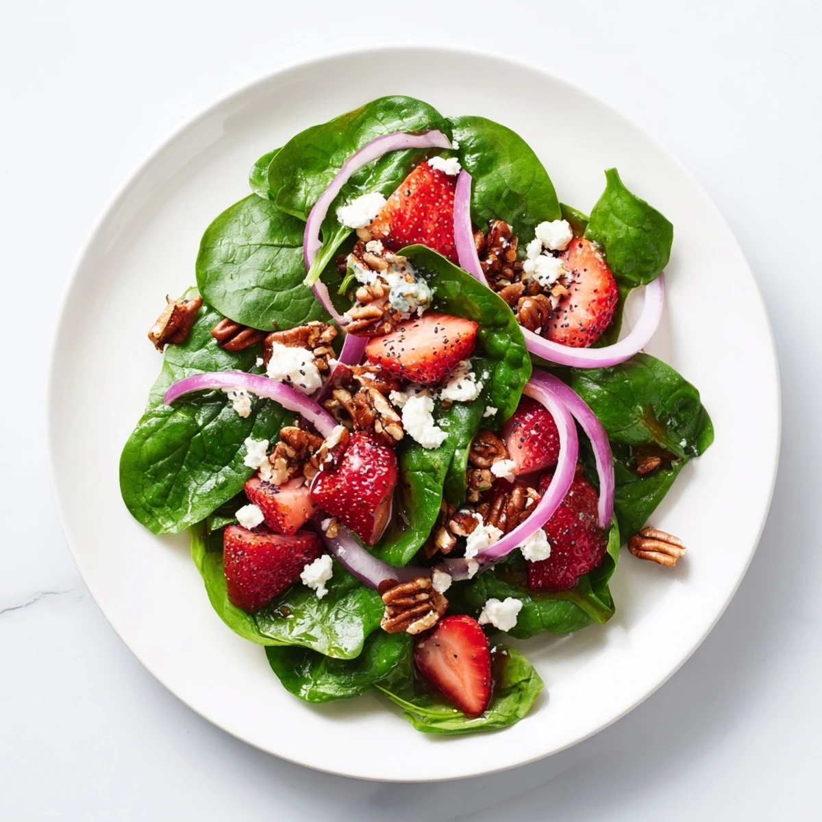 Bright image of a spinach strawberry salad featuring juicy strawberries and creamy feta cheese.