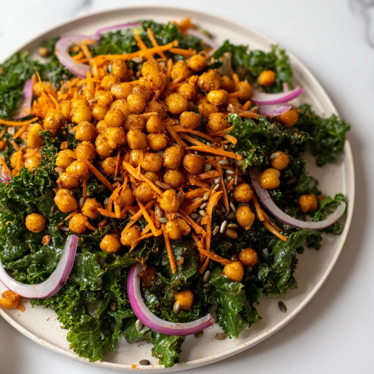 Close-up of a vibrant Kale Salad with Roasted Chickpeas, with crunchy texture and bright colors.