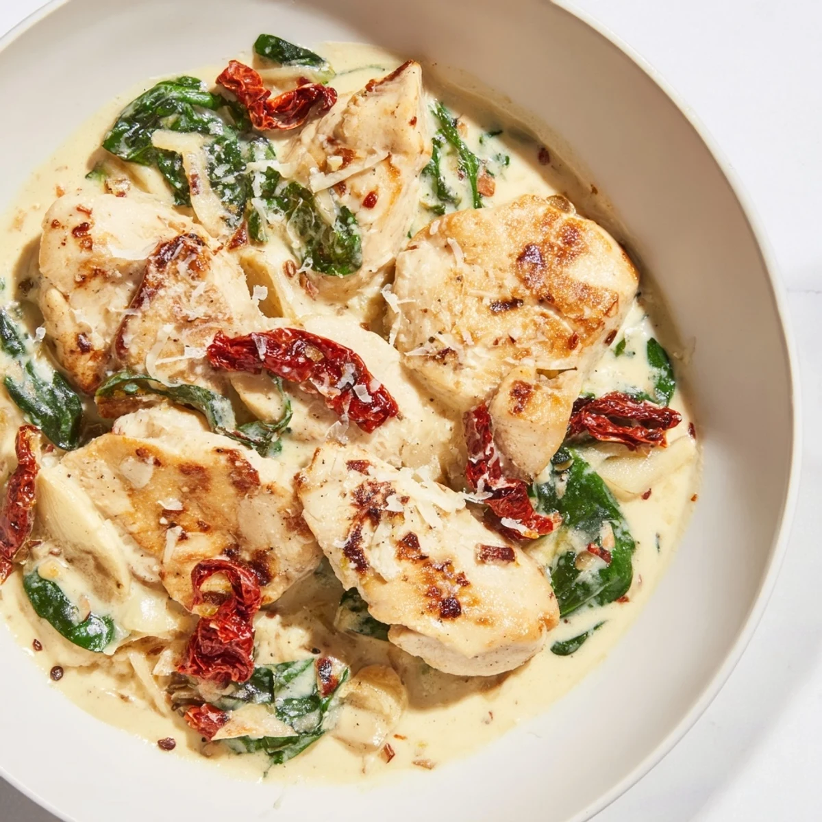 This Creamy Tuscan Chicken dish features perfectly seared chicken breasts swimming in a rich, sun-dried tomato sauce.