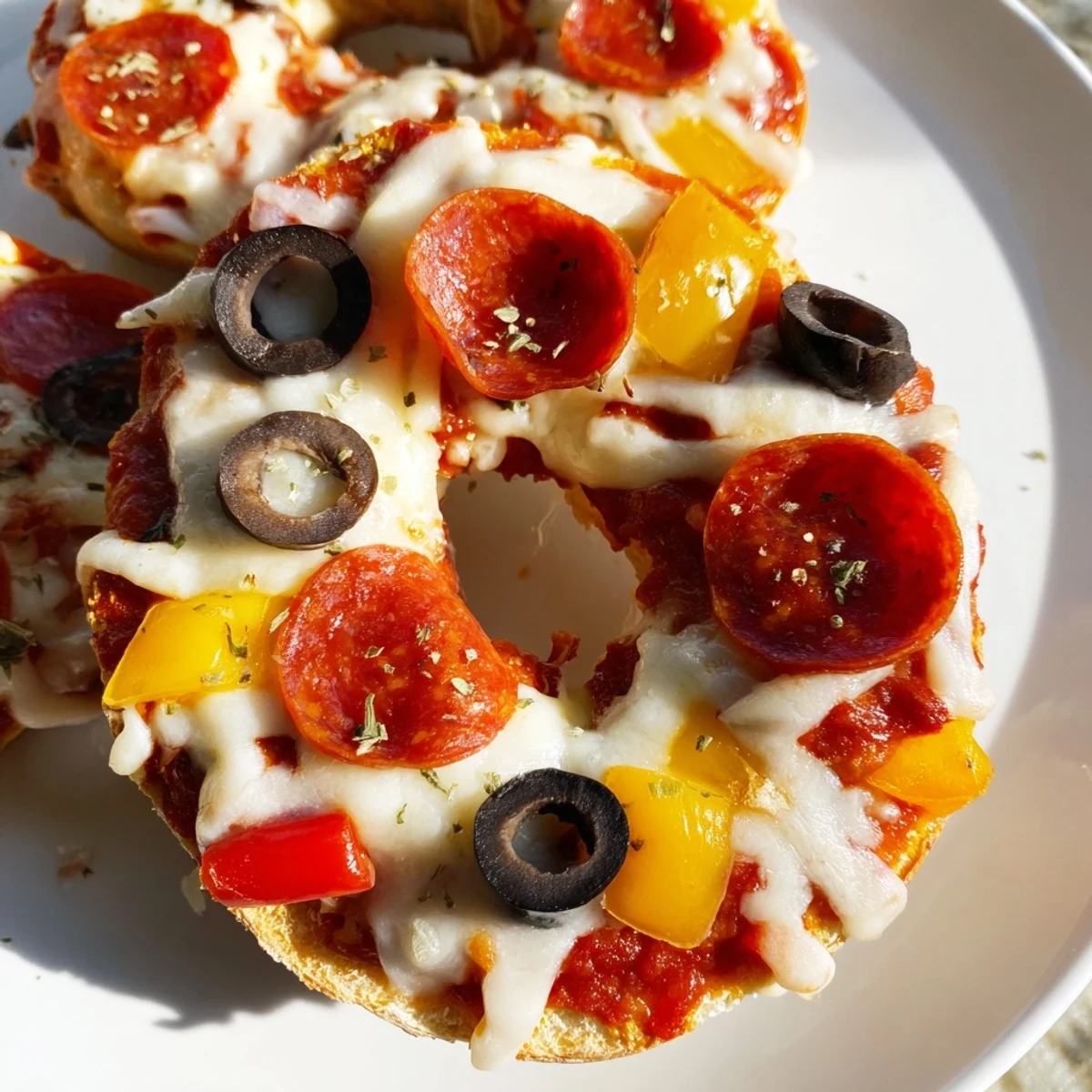 Warm, melty mozzarella covers these mini bagel pizzas, ready to eat with pepperoni and olives.