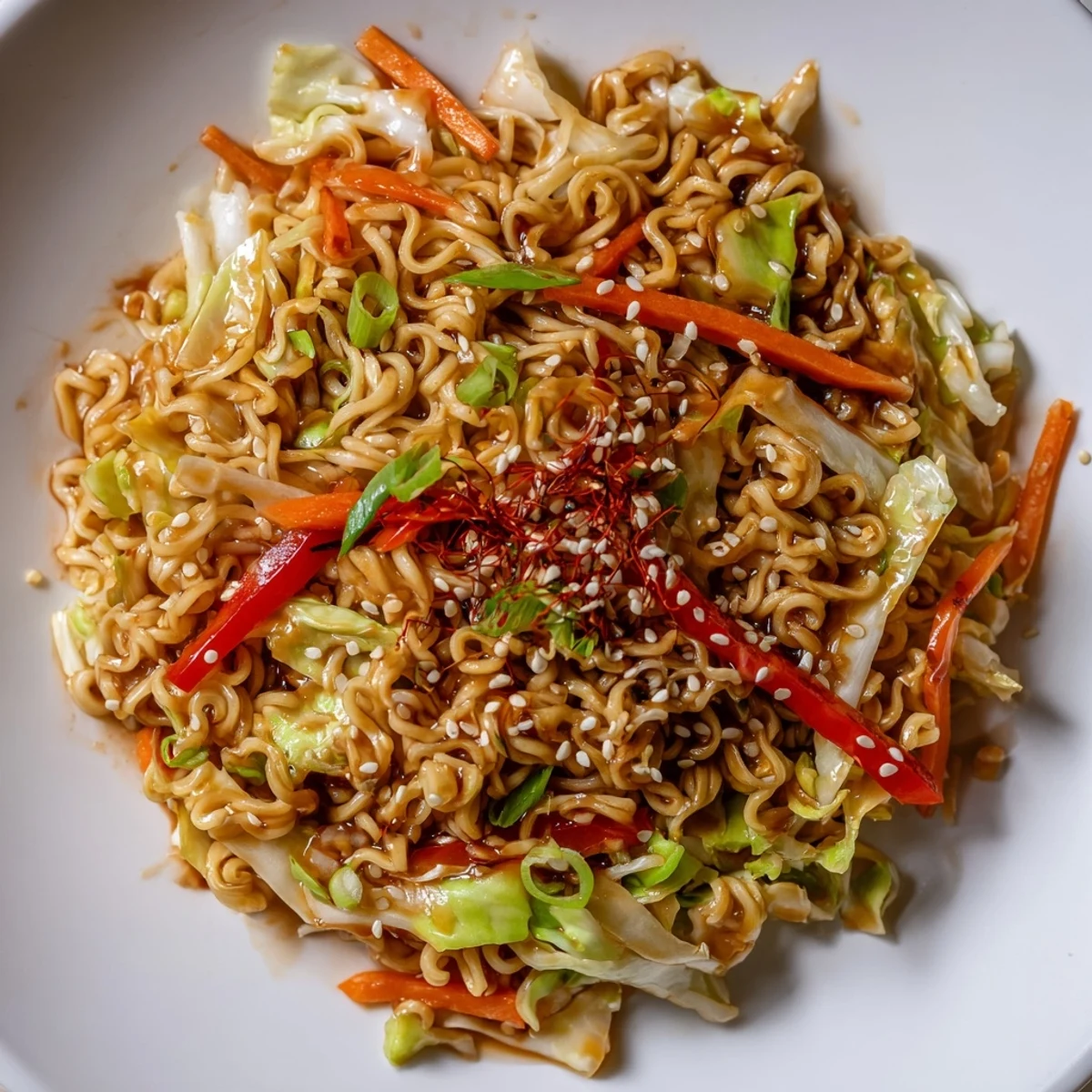 Steaming bowl of spicy ramen stir fry with colorful vegetables and savory sauce, ready to eat.