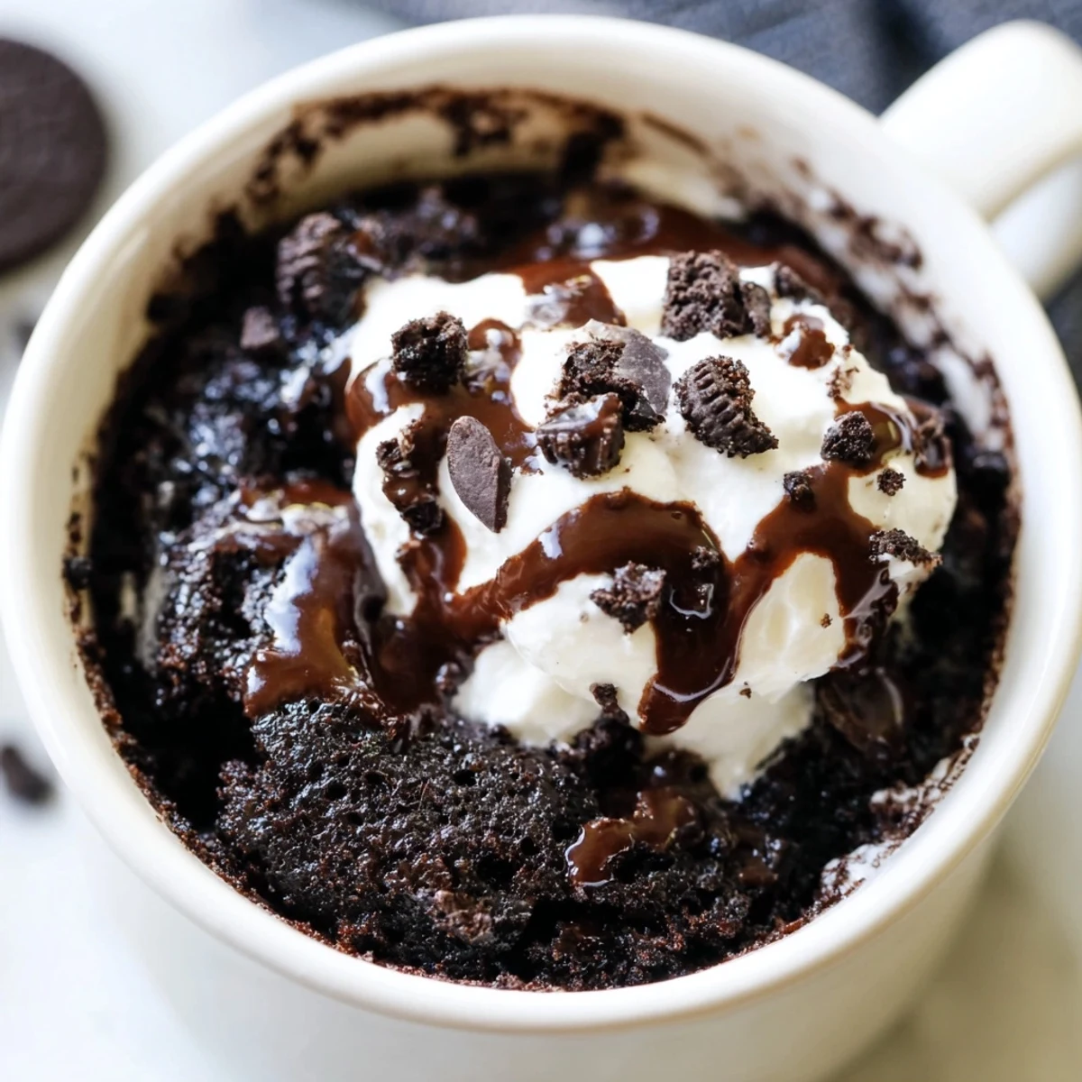 A warm, fudgy Oreo mug cake, ready to eat, topped with whipped cream and crushed Oreos.