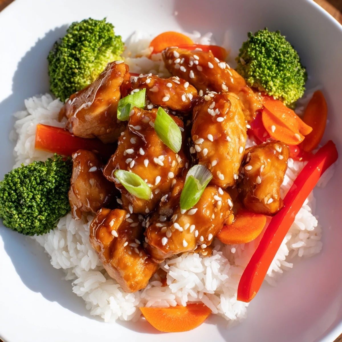 Golden-brown teriyaki chicken glistening atop fluffy rice, served with colorful vegetables and sesame seeds.