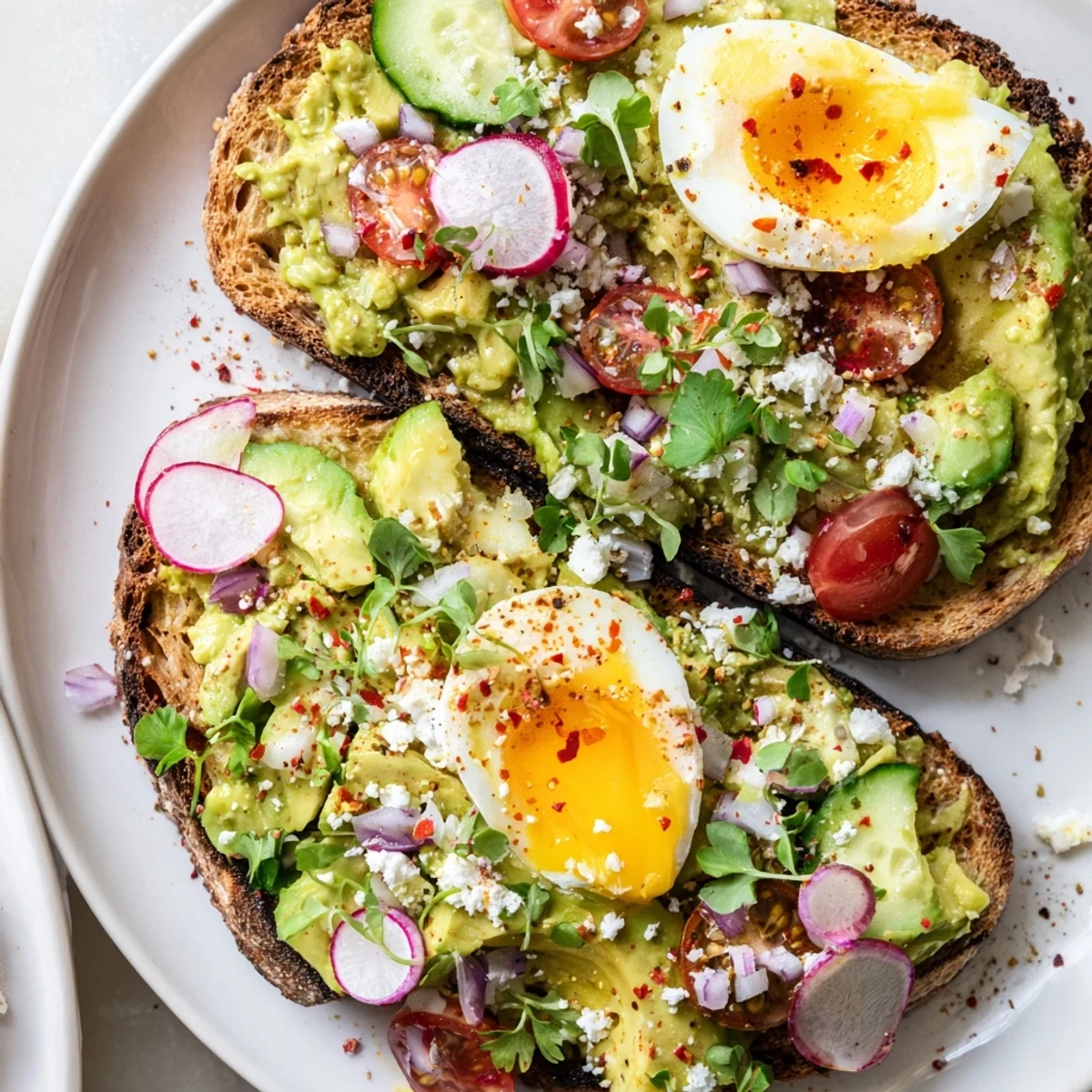 Vibrant Loaded Avocado Toast: toasted bread piled high with colorful vegetables, crumbled feta, and a perfect egg.
