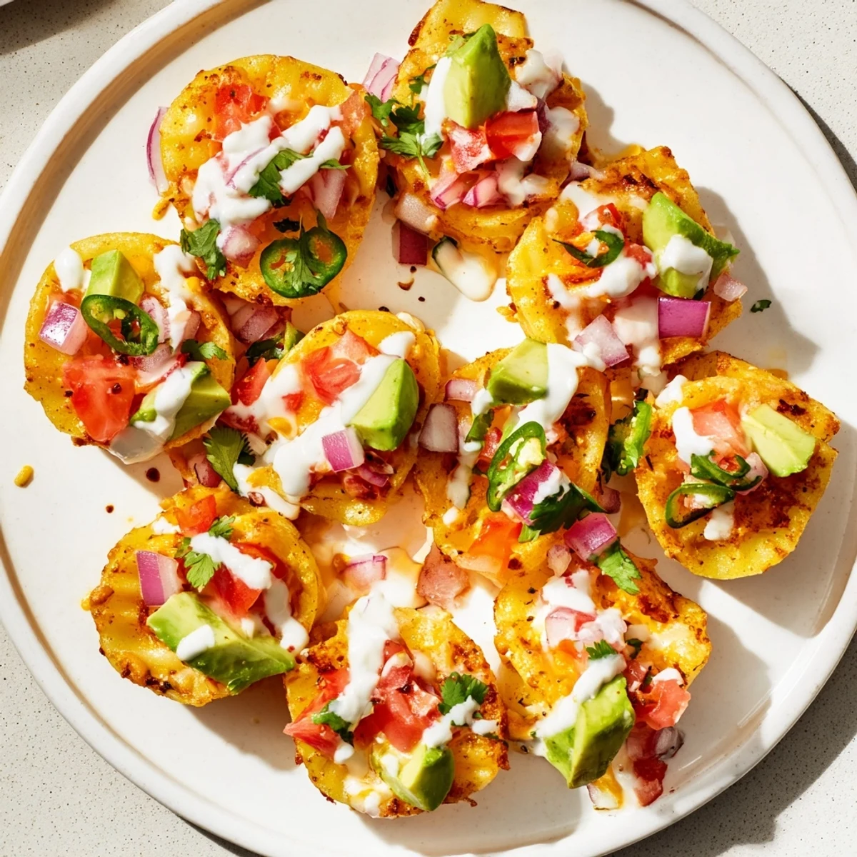 A close-up of pasta chips nachos with bubbling cheese, chopped tomatoes, and a creamy sauce drizzle.