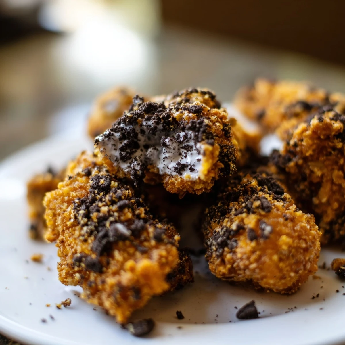 Golden, crispy DIY KFC Oreo Krusher-Inspired Fried Chicken Tenders ready to serve with a creamy dip.