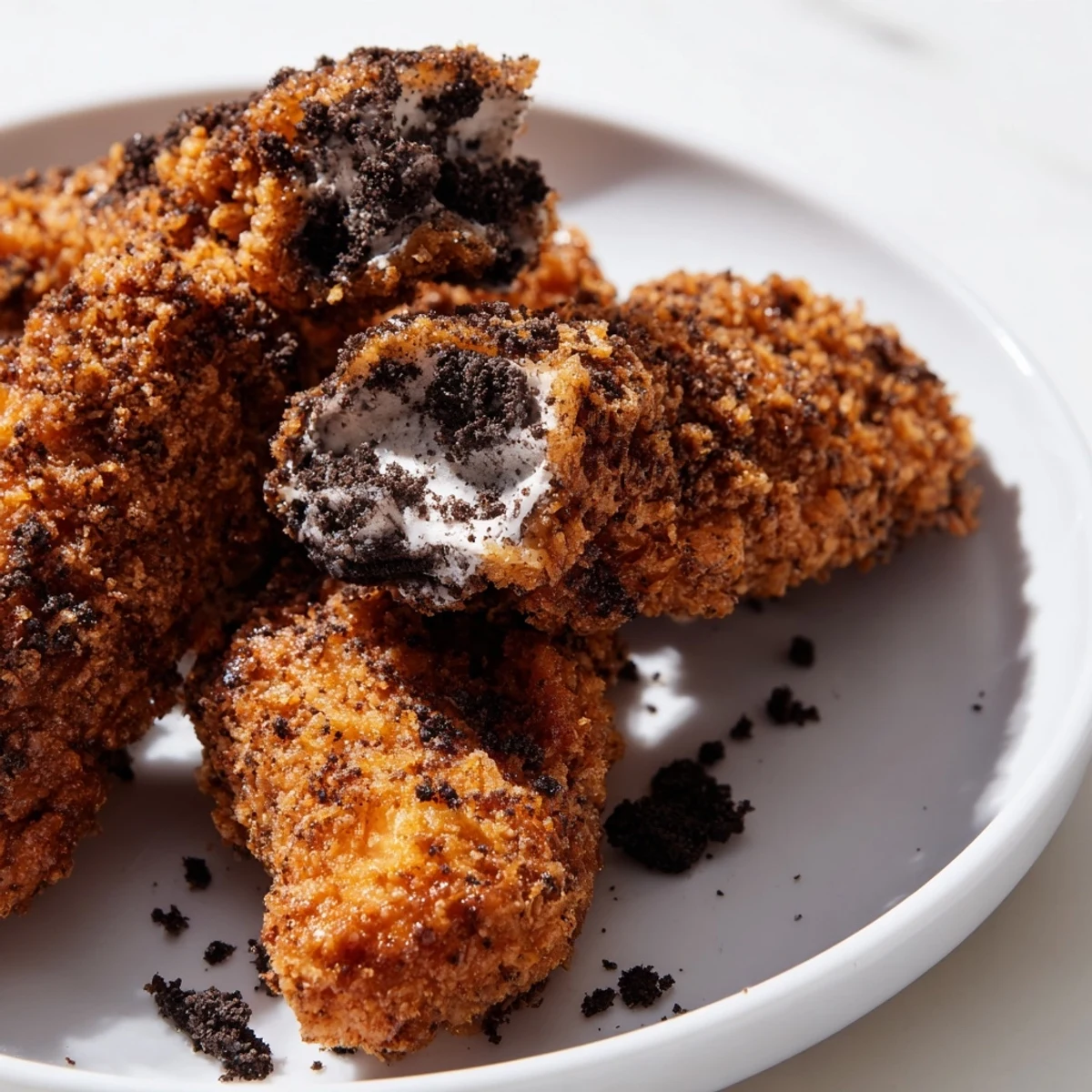 Close-up of freshly fried, Oreo-coated DIY KFC Oreo Krusher-Inspired Fried Chicken Tenders, showing its texture.