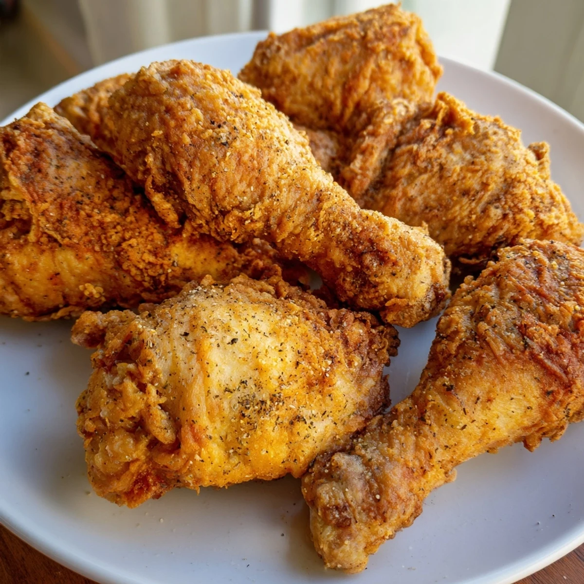 Freshly fried KFC crispy chicken arranged beautifully, displaying the crunchy, seasoned coating after frying.