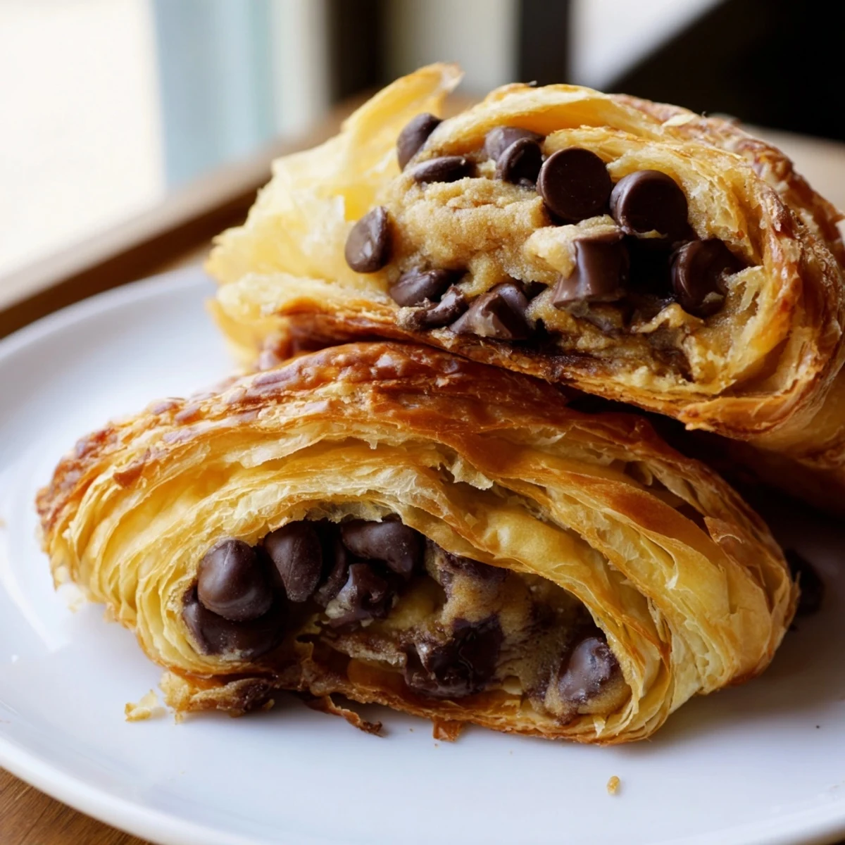 Golden-brown Viral Crookies, showing flaky croissant pastry hugging a chocolate chip cookie center.