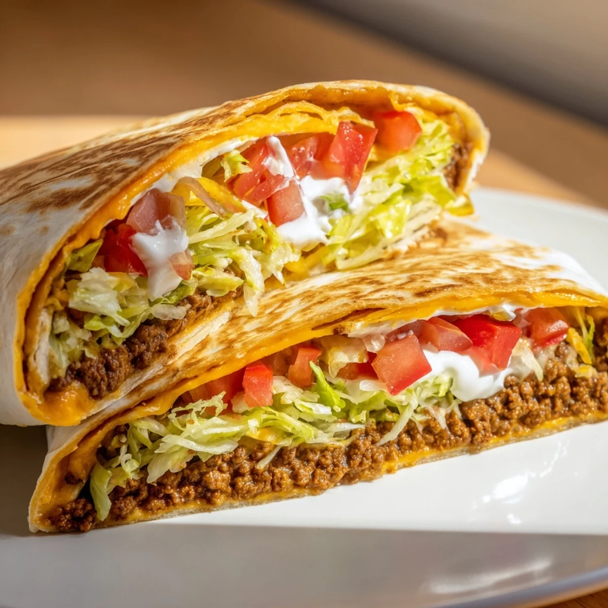 Golden-brown, grilled Taco Bell Crunchwrap Supreme, with layers of savory beef and melted nacho cheese.