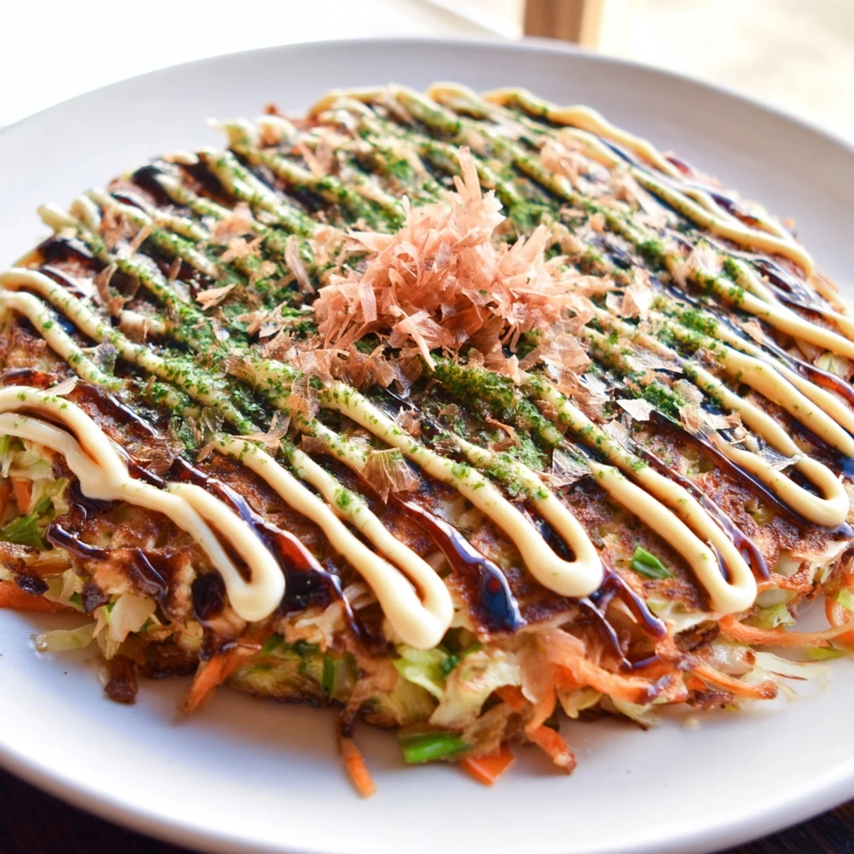 Golden-brown Japanese okonomiyaki pancakes, savory and richly layered with toppings like bonito flakes.