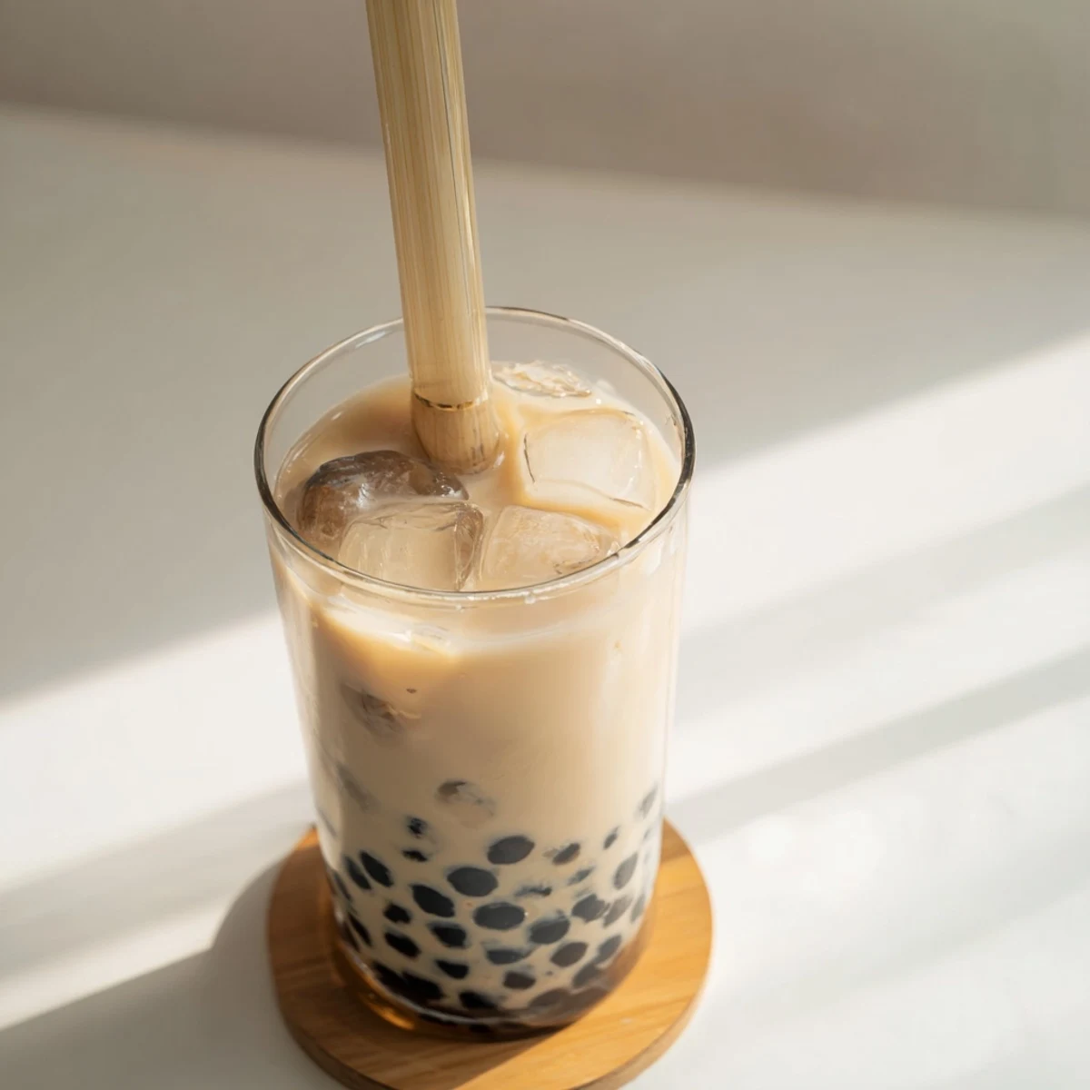 For a quick boba tea hack, brewed black tea is mixed with sweetened condensed milk and milk, poured over chewy tapioca pearls and ice.
