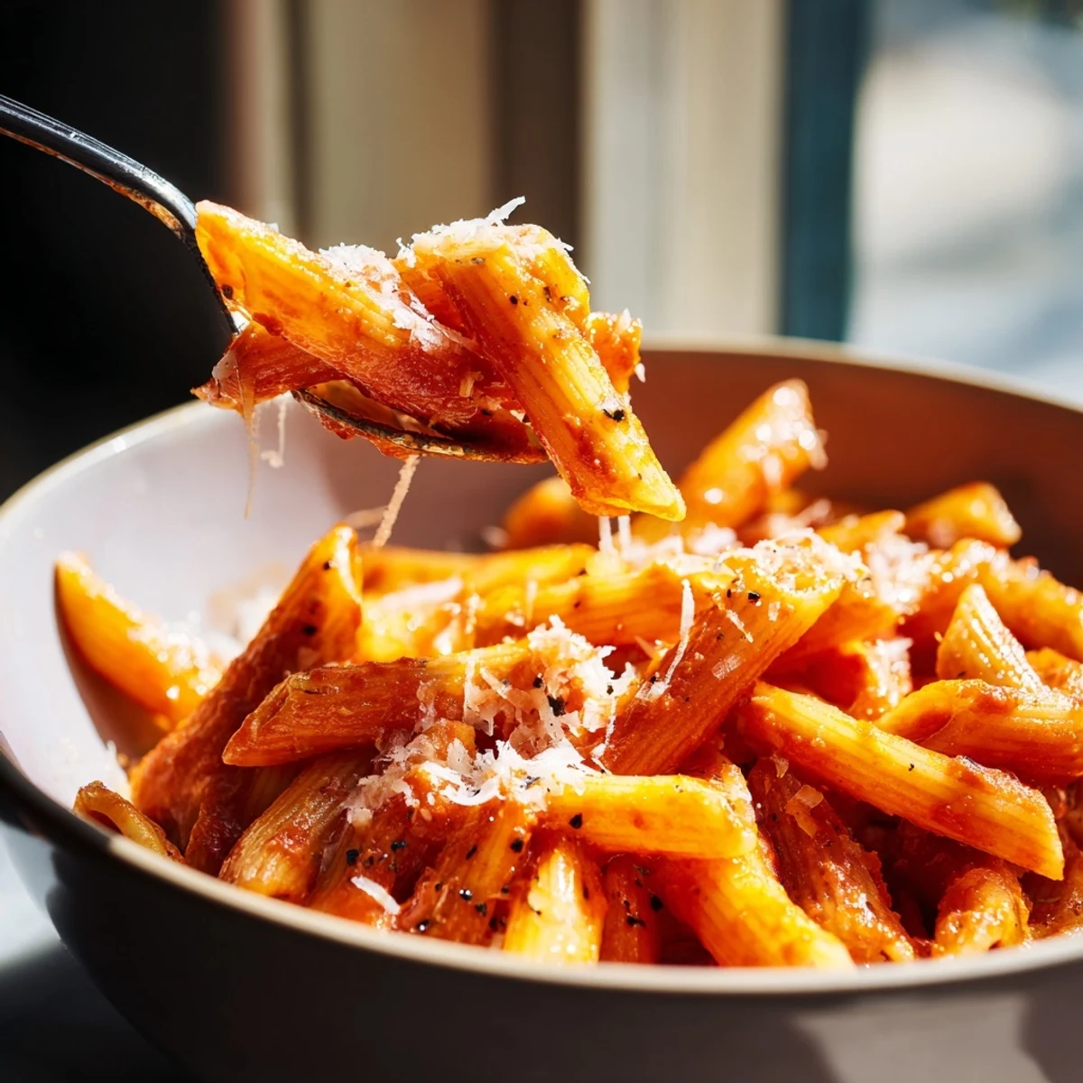 A person's hands holding a warm bowl of freshly prepared Microwave Bowl Pasta, ready to eat, with a side salad in the background.