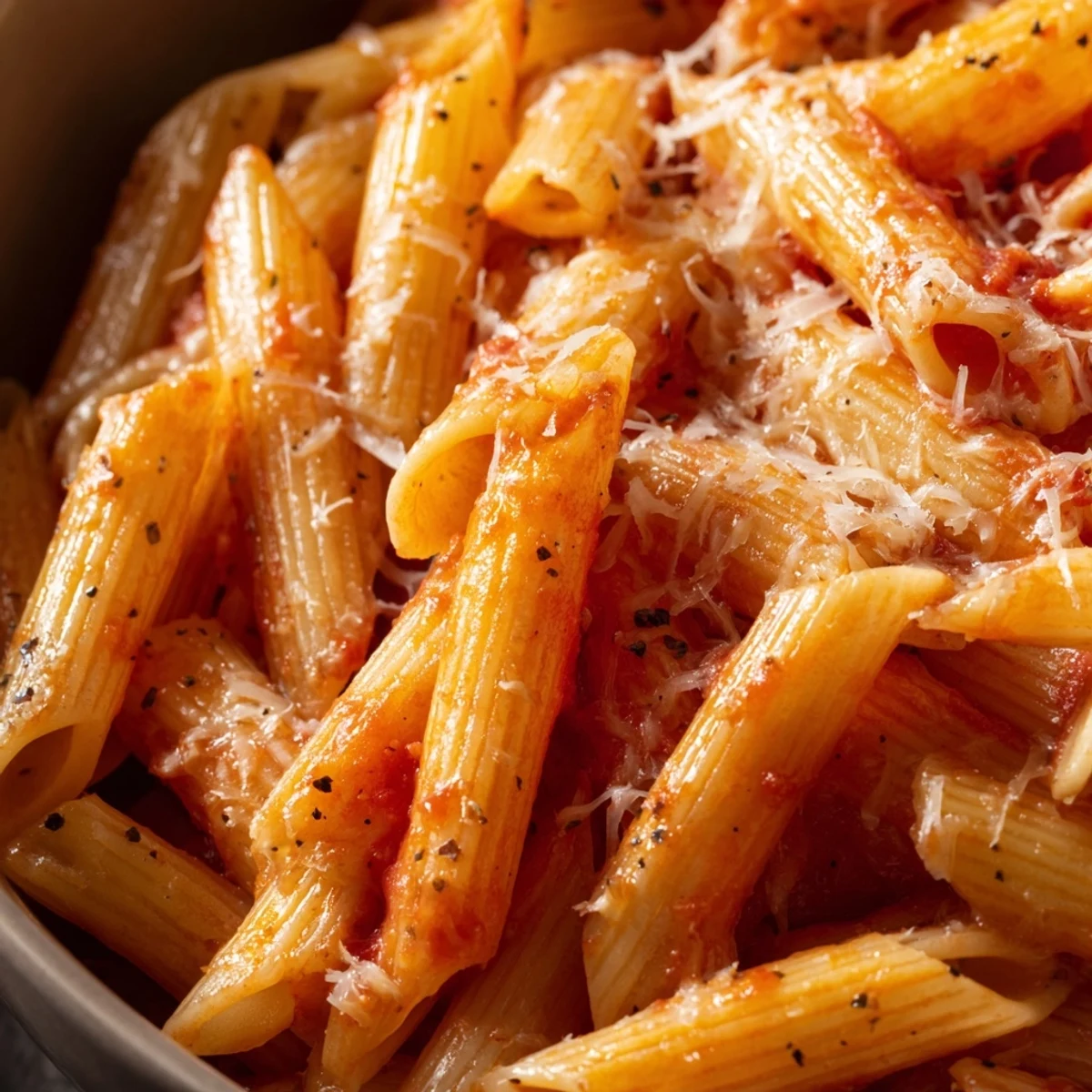 An overhead view of a single serving of Microwave Bowl Pasta with Parmesan and black pepper, steam rising, set on a rustic wooden table.