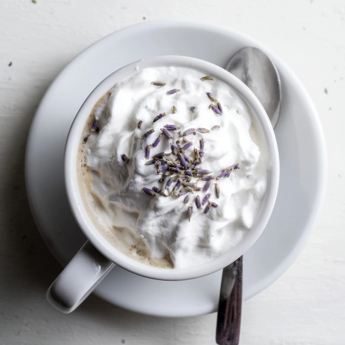 Two steaming mugs of Whipped Lavender Latte sit on a rustic wood table, showcasing velvety foam and a light dusting of lavender beside a scone.
