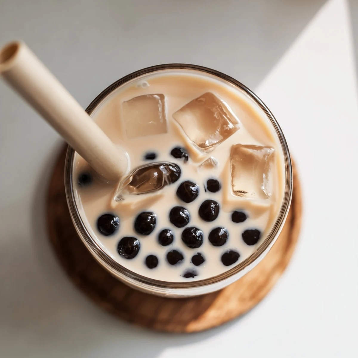 Creamy sweetened condensed milk blends with black tea over chewy tapioca pearls in a glass filled with ice for this instant boba tea hack.