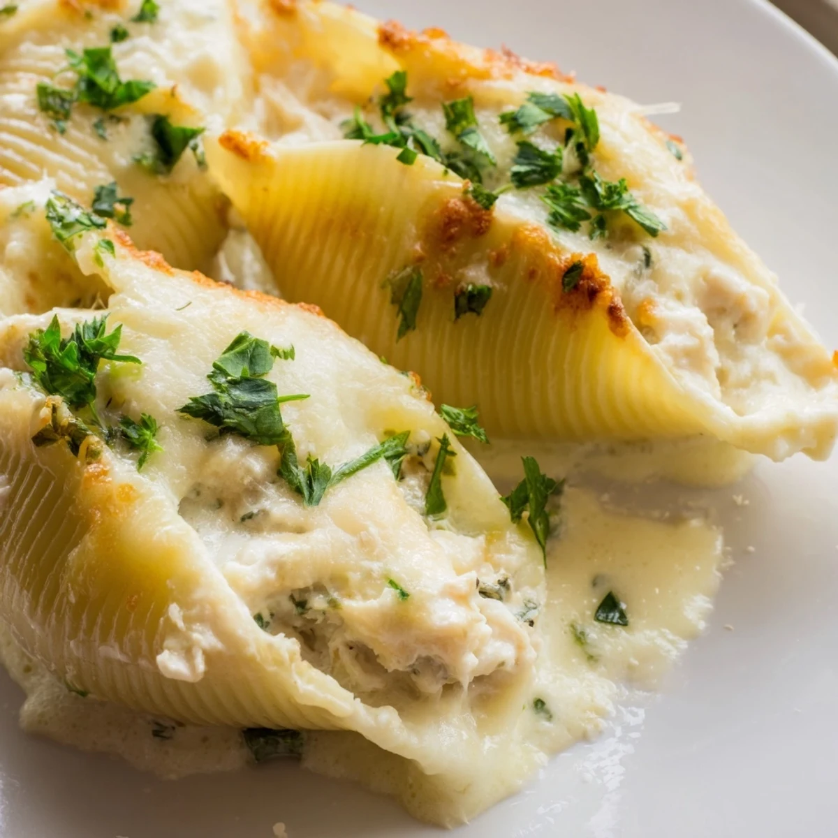 Golden, bubbling chicken Alfredo stuffed shells fresh from the oven, garnished with fresh parsley and served alongside a crisp green salad.  