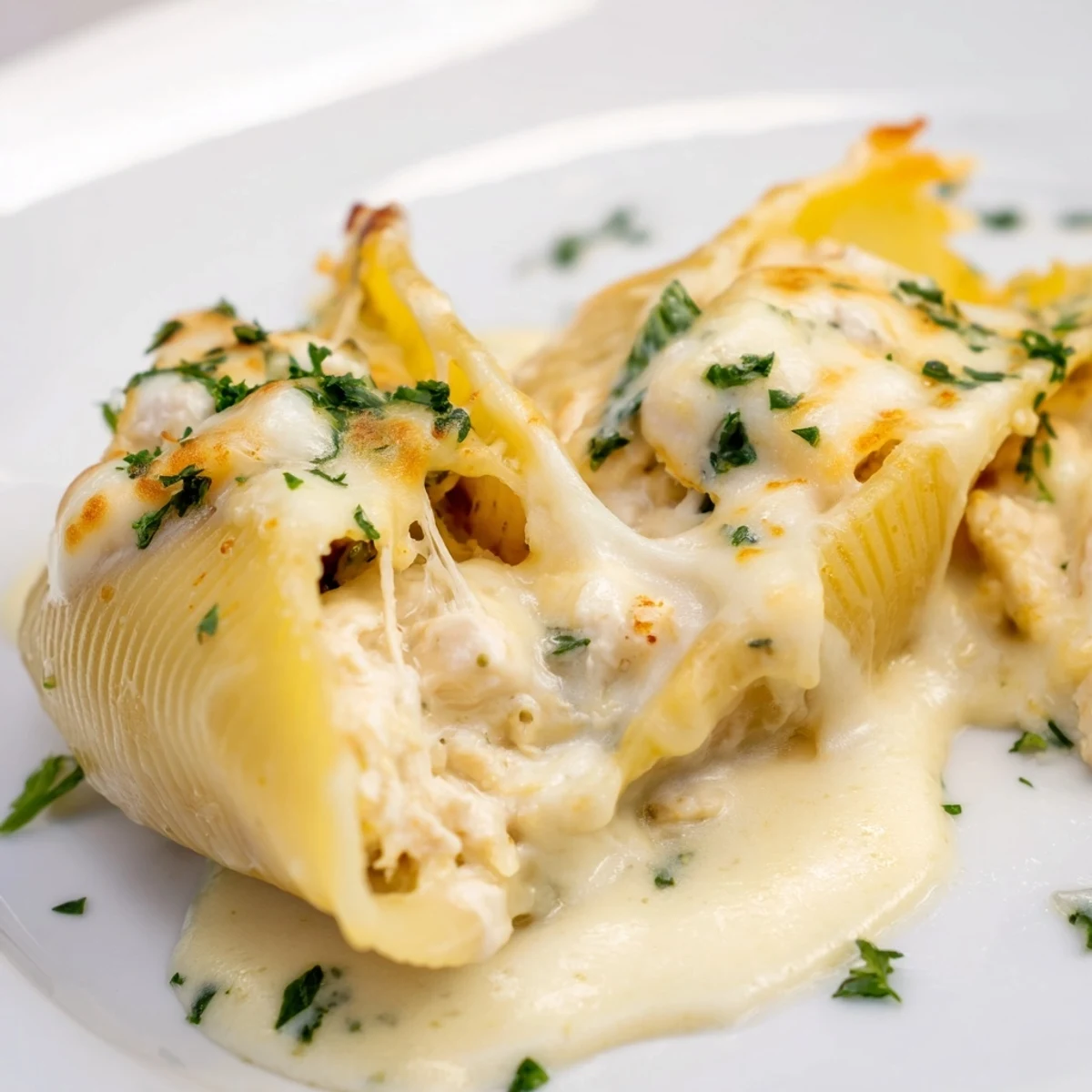 Close-up of a spoon scooping into a tender jumbo pasta shell filled with creamy, cheesy chicken Alfredo mixture.  