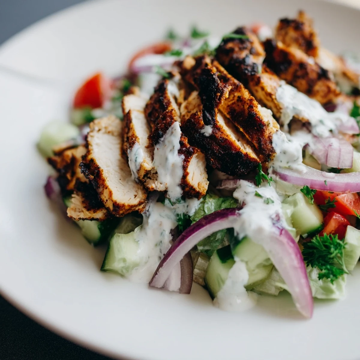 Grilled, spiced chicken slices rest atop a vibrant salad of cucumbers, tomatoes, and fresh parsley, drizzled with creamy yogurt dressing in this Chicken Shawarma Salad image.