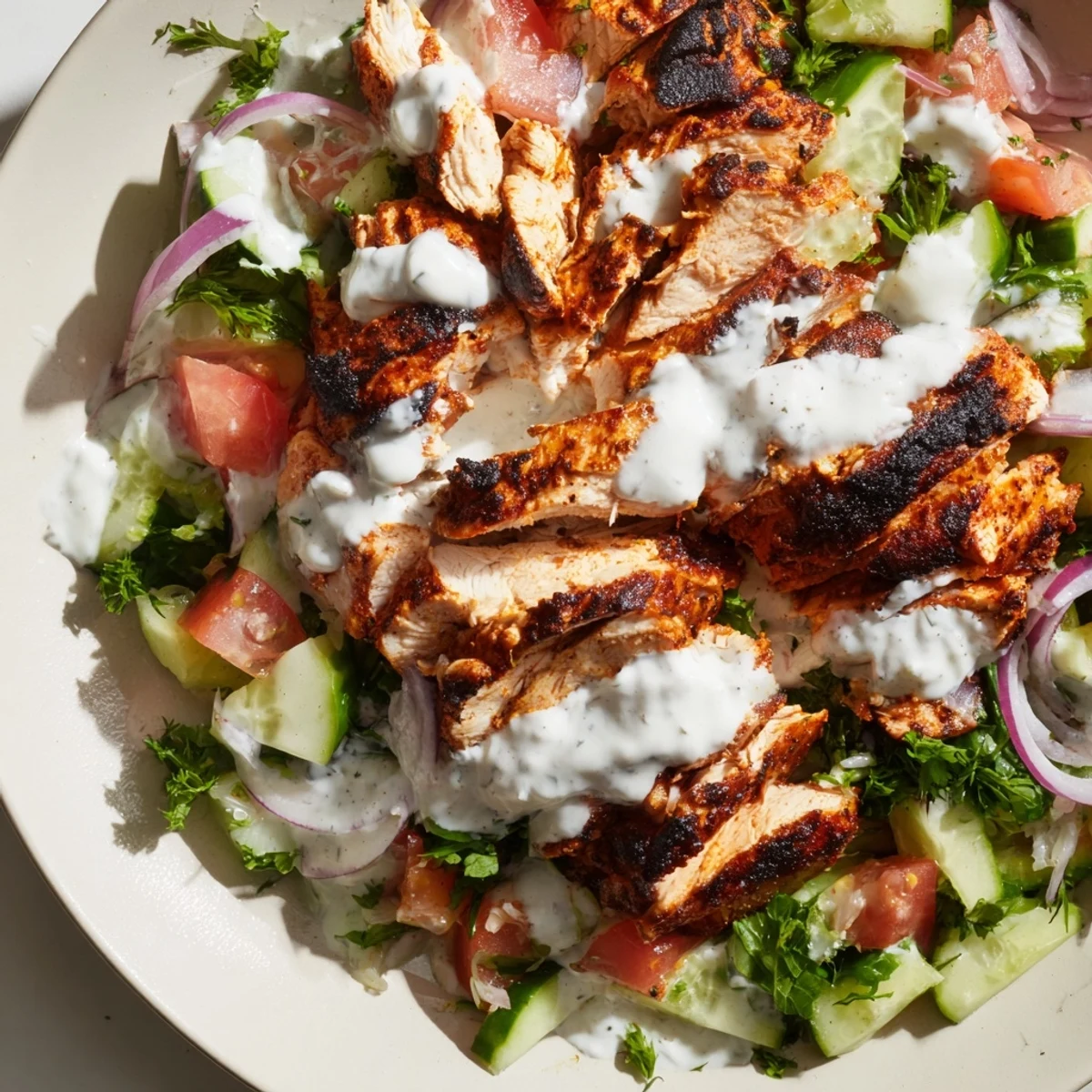 Bright, fresh ingredients and succulent grilled chicken come together in this Chicken Shawarma Salad, offering a tempting Mediterranean-inspired main dish for easy weeknight dinners.