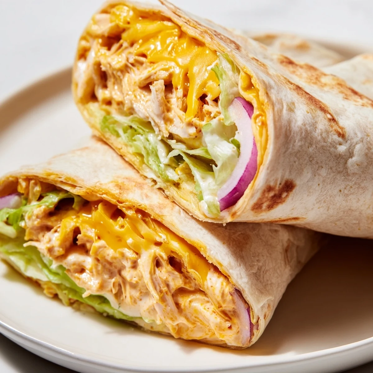 A close-up of a fresh Buffalo Ranch Chicken Wrap on a rustic wooden board, topped with a drizzle of creamy ranch and tangy buffalo sauce.  