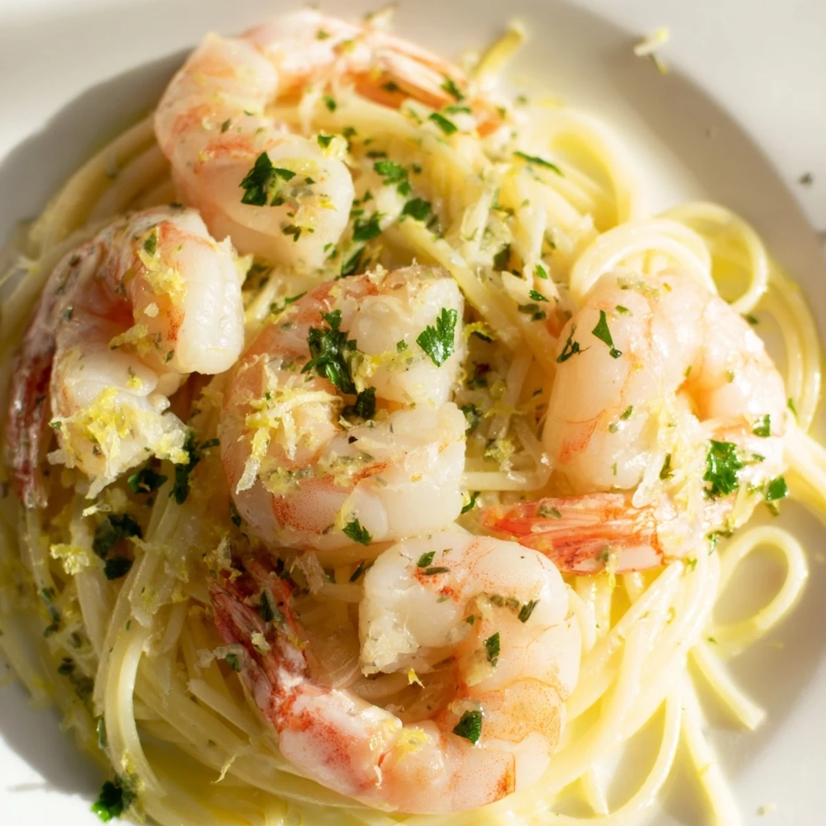 Bright yellow lemon wedges and plump pink shrimp glisten atop a heaping plate of Lemon Garlic Shrimp Pasta, garnished with fresh parsley.  