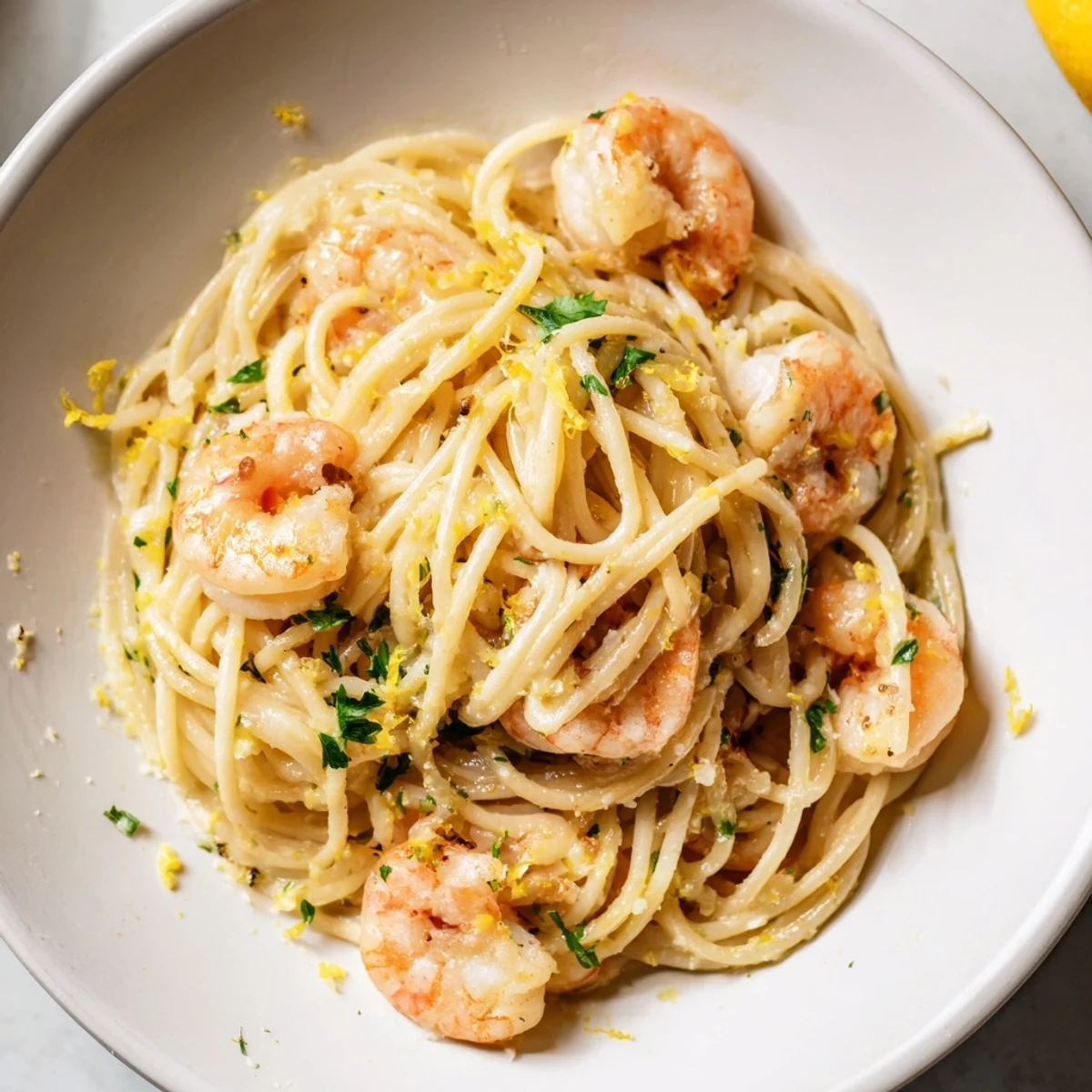 Steaming plate of Italian-American Lemon Garlic Shrimp Pasta served with Parmesan cheese and a glass of crisp white wine.