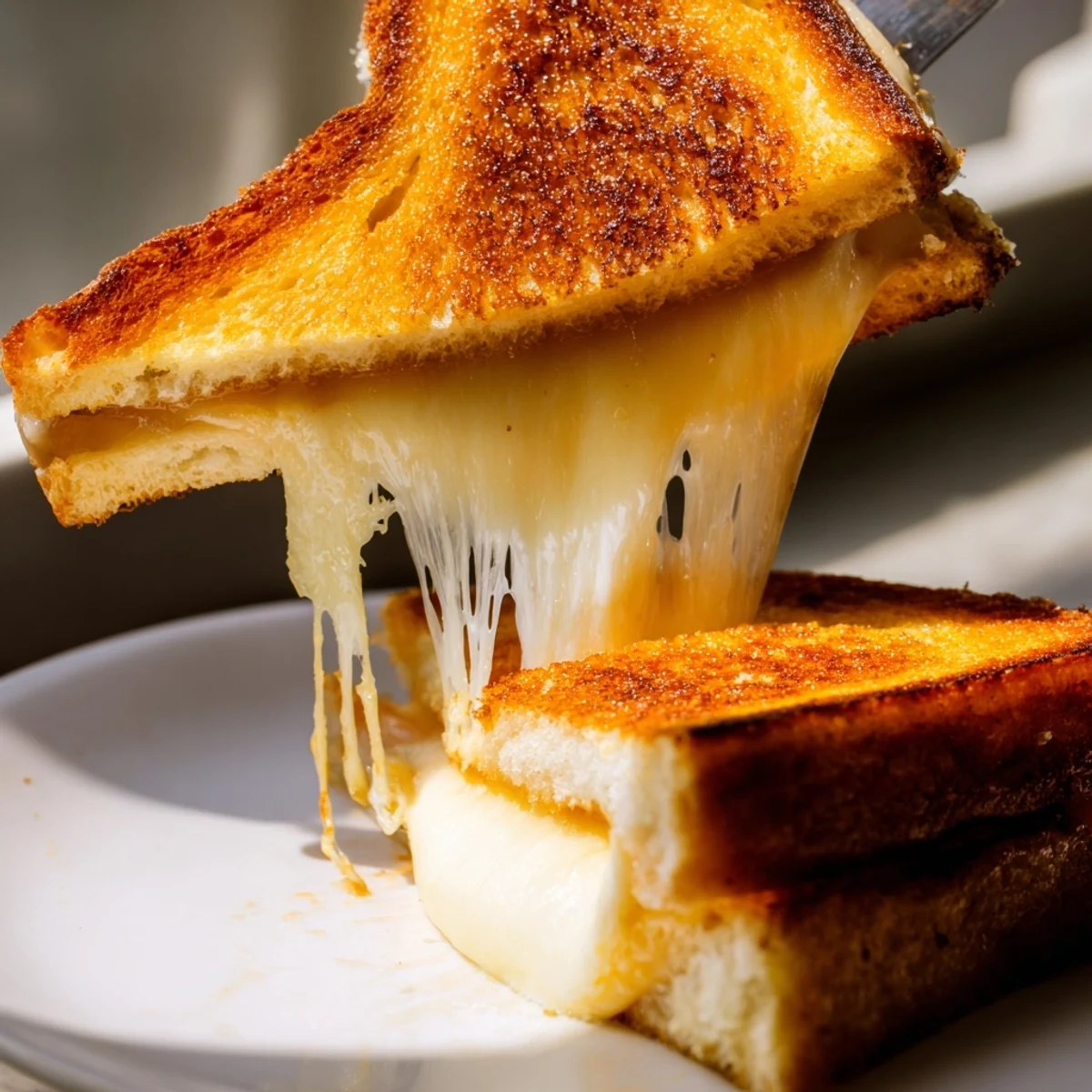 Steaming Three-Cheese Grilled Cheese halves on a plate, ready to be dipped in tomato soup.