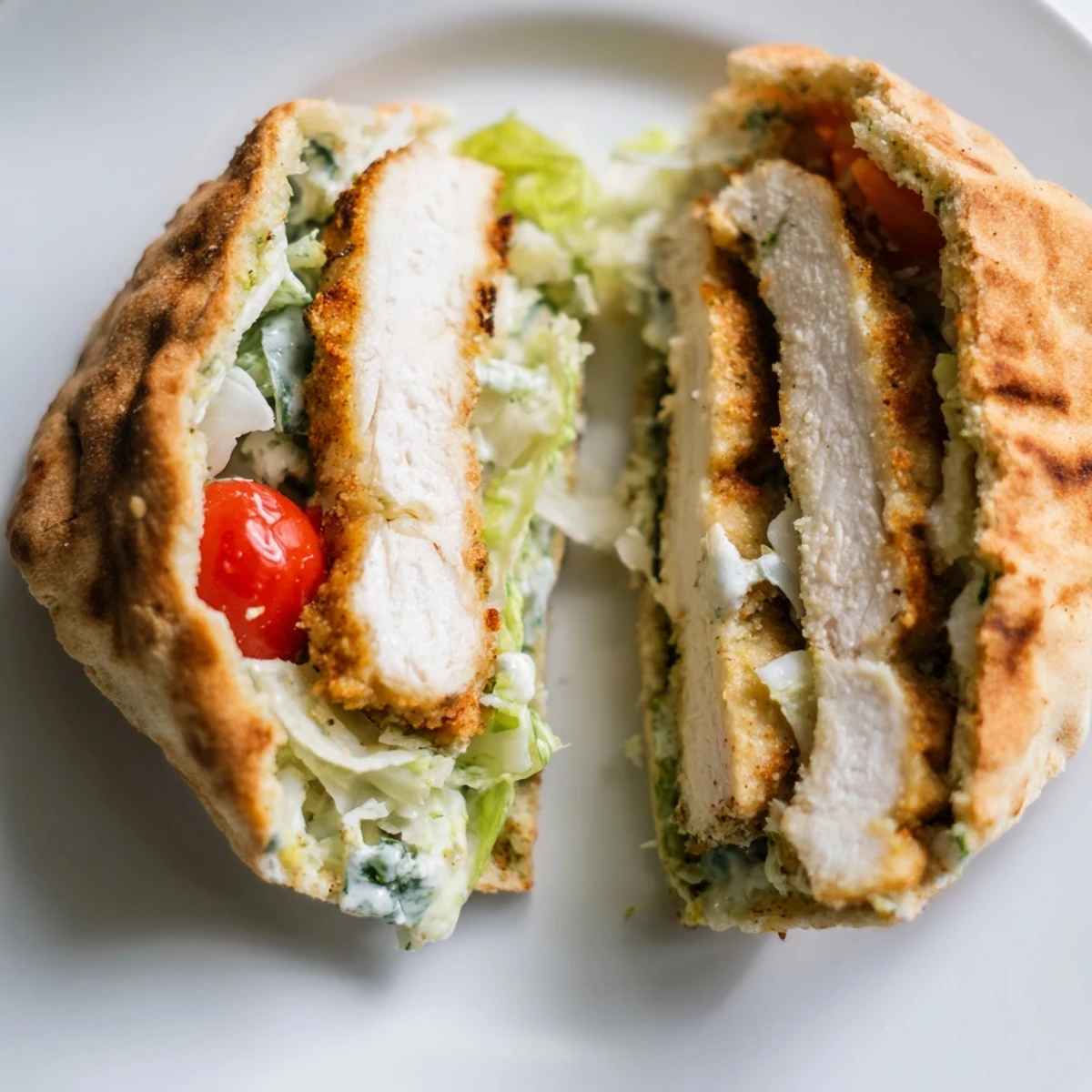 Warm pita pockets stuffed with golden, crispy herbed chicken Caesar salad, garnished with shaved Parmesan and lemon wedges.  