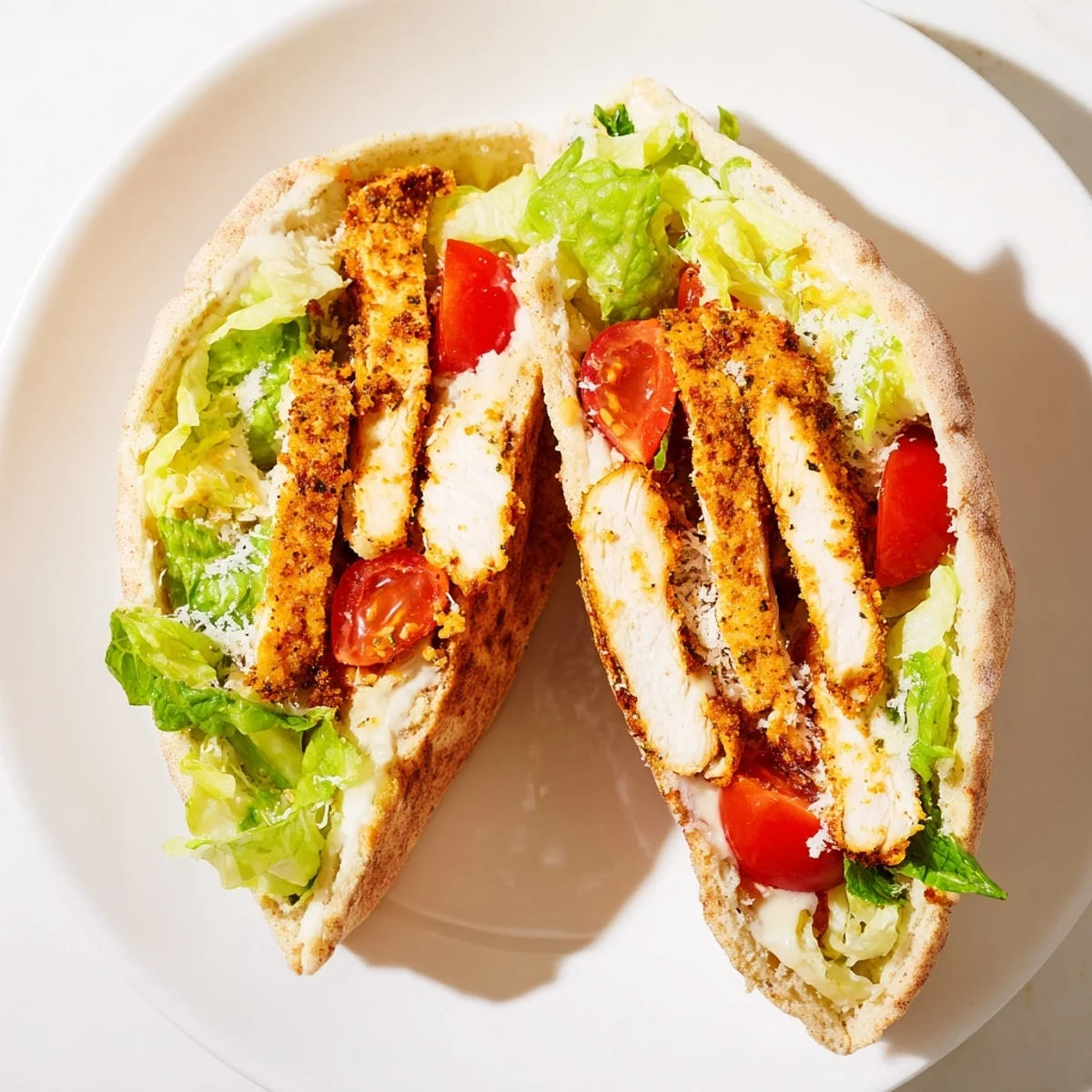 Crispy herbed chicken cutlets layered into pita bread with Caesar salad, cherry tomatoes, and fresh parsley.  