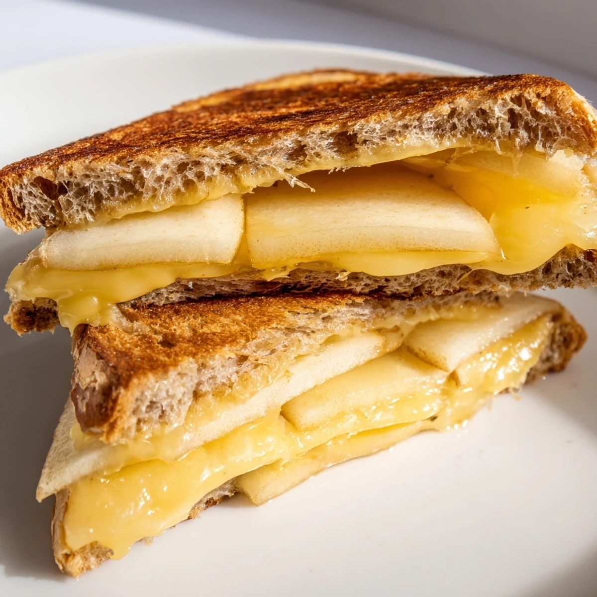 Golden-brown sourdough grilled cheese sandwiches stuffed with melted smoked Gouda and thin apple slices, served on a rustic plate.  