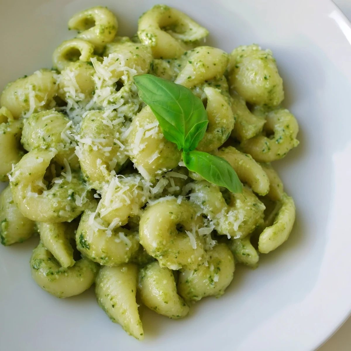 Creamy Avocado Pesto Mac is served steaming in a white bowl, garnished with fresh basil leaves and grated Parmesan cheese.  