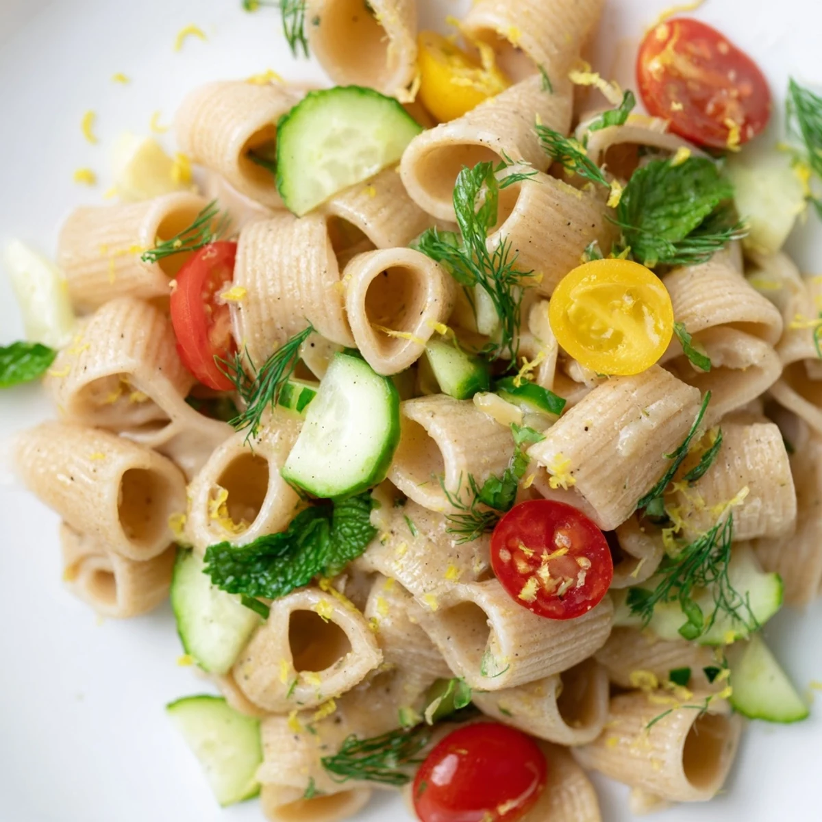 Lemon Herb Chickpea Pasta Salad in a white bowl, featuring chickpea pasta with diced cucumber, cherry tomatoes, and fresh herbs drizzled with zesty lemon dressing.