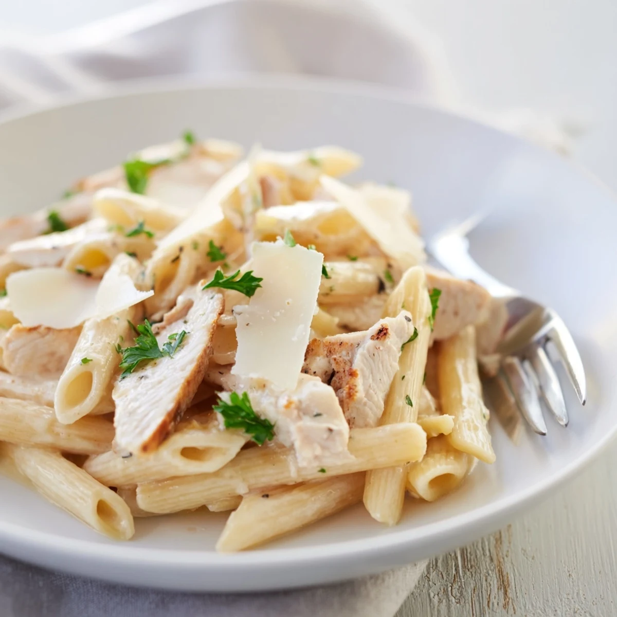 Golden roasted garlic chicken penne pasta in a creamy sauce garnished with fresh parsley and Parmesan cheese.  
