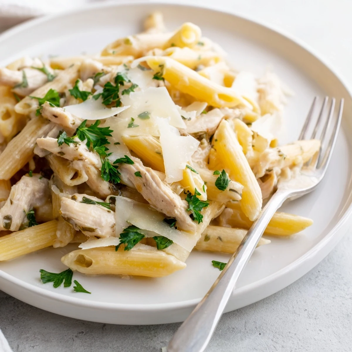 Roasted garlic chicken penne served in a warm bowl, paired with a crisp white wine and crusty bread.