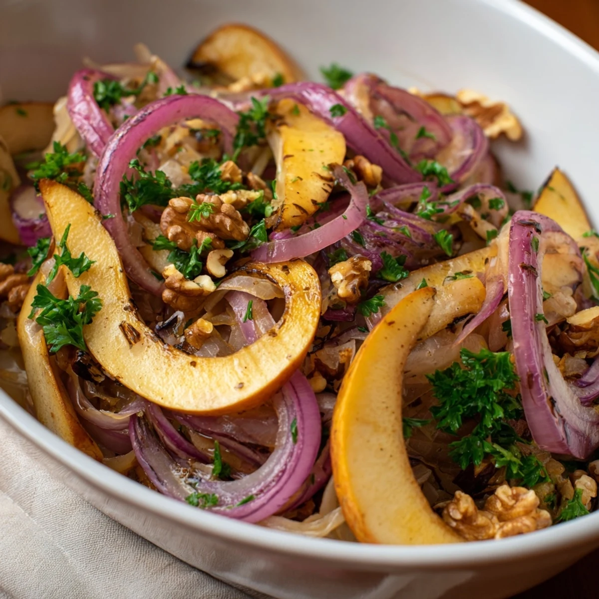 Golden-brown apples and tangy sauerkraut in a warm skillet salad served as a hearty side.  