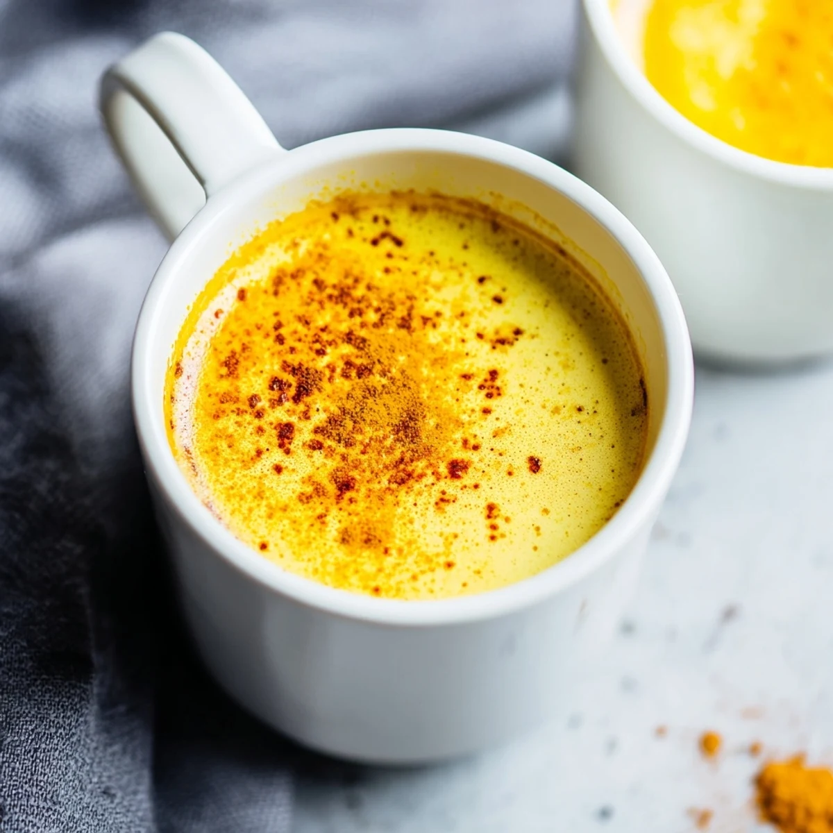Steaming mugs of Turmeric and Golden Milk sit beside fresh ginger root and cinnamon sticks on a rustic table.
