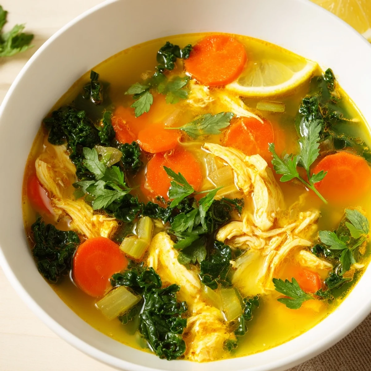 Hearty high protein lemon turmeric chicken soup with vibrant greens and tender chicken.
